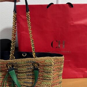 Carolina Herrera Woven Tote with Green and Gold Accents